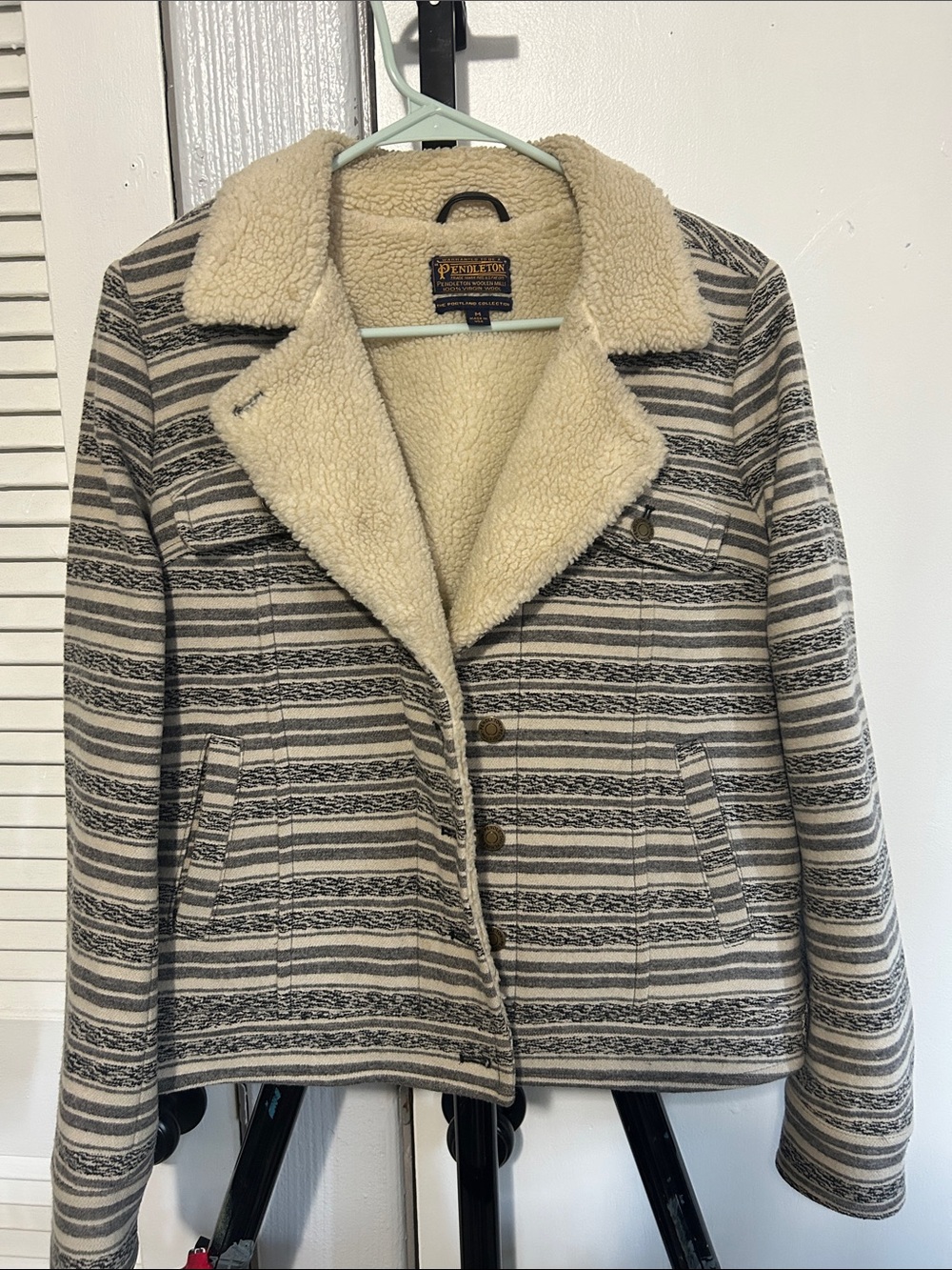 Pendleton Cream and Gray Striped Sherpa Jacket